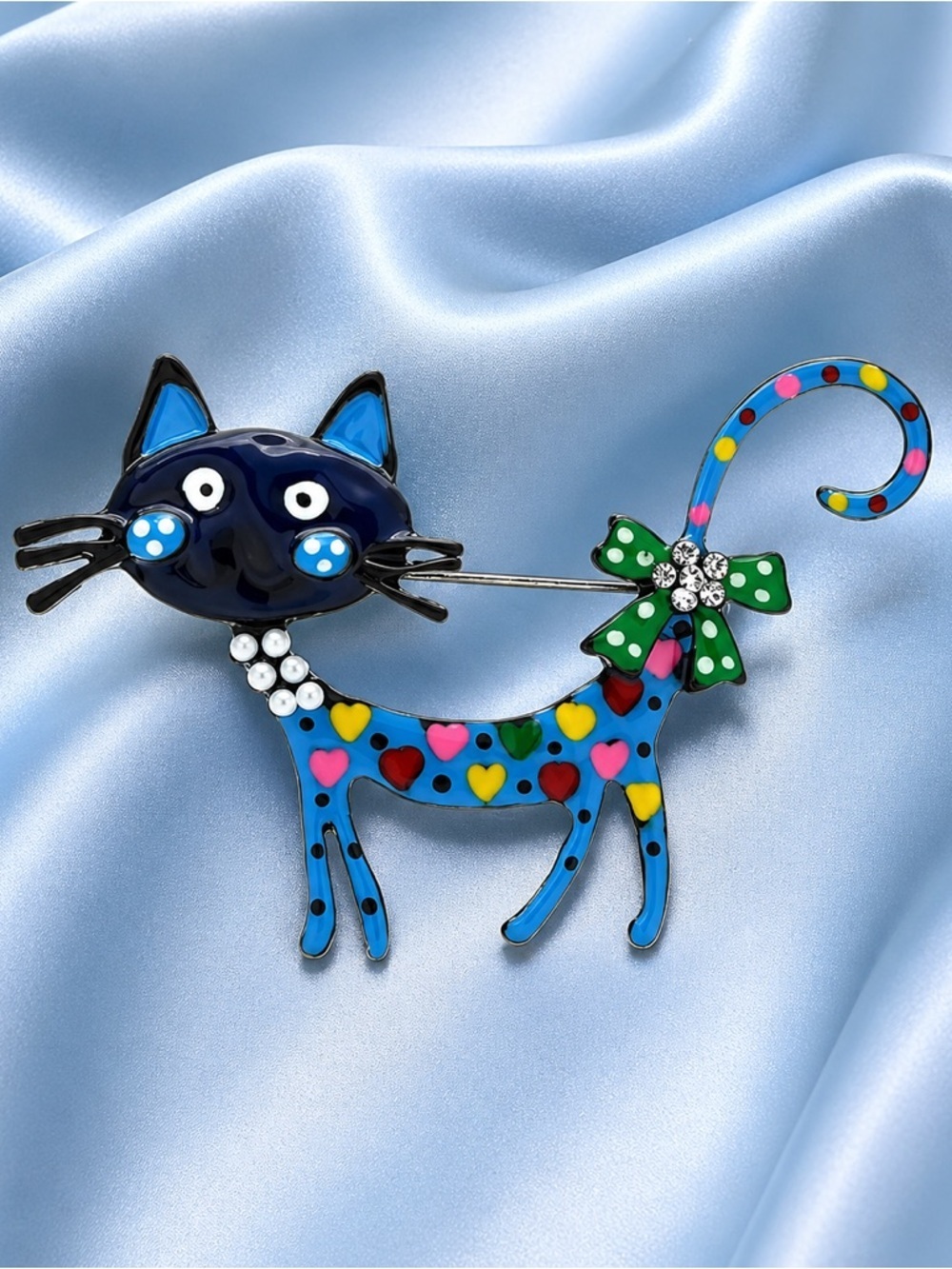 Whimsical Artistic Blue Cat Brooch - Picture 4 of 8